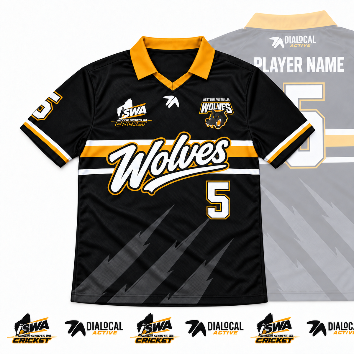 WA Wolves black, white and gold playing shirt with ISWA and Dialocal Active branding