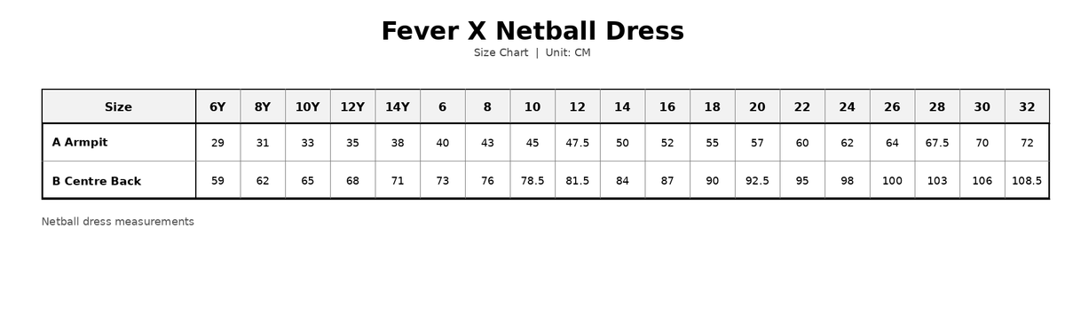 NET002 Dialocal X Gameday Dress sizing chart, measurements in cm