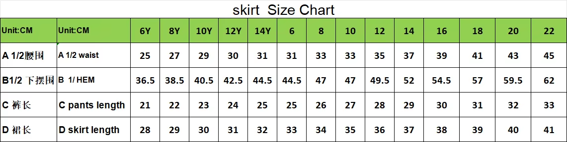 NET005 Netball Skort sizing: kids 6Y to 14Y and ladies 6 to 22, in cm