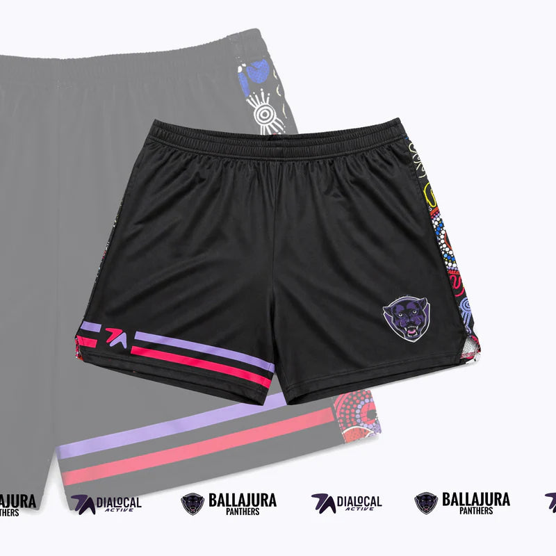 Ballajura Panthers black shorts with club crest and artwork panels