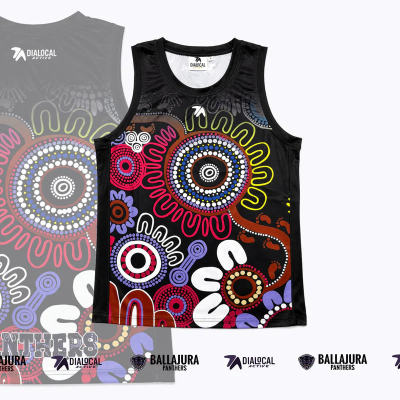 Ballajura Panthers training singlet with colourful club artwork