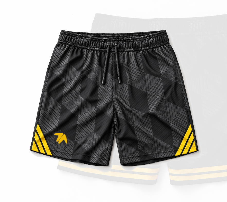 Dialocal Pro Football Shorts – black geometric design with gold side accents and drawstring waist