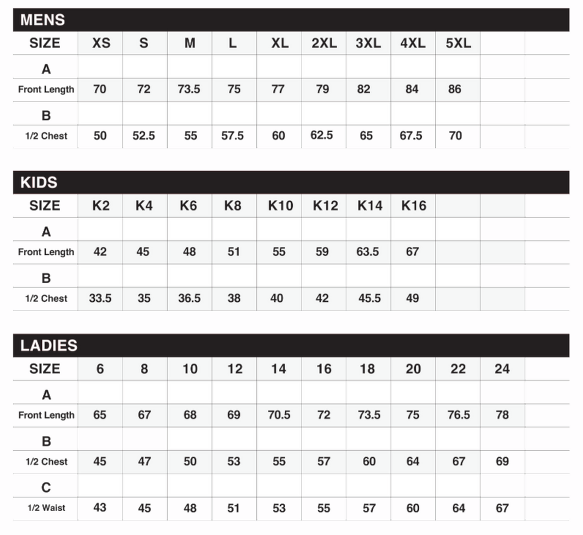 NET004 Gameday Singlet sizing chart: men, kids and ladies