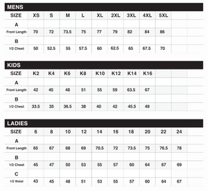 NET004 Gameday Singlet sizing chart: men, kids and ladies