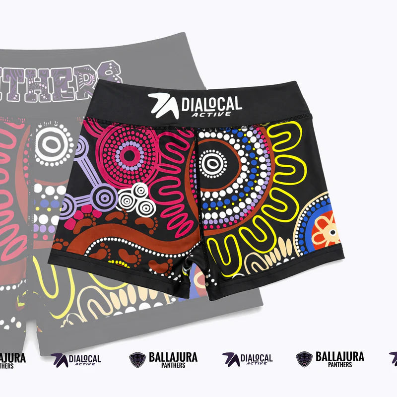 Ballajura Panthers bike shorts with colourful club artwork