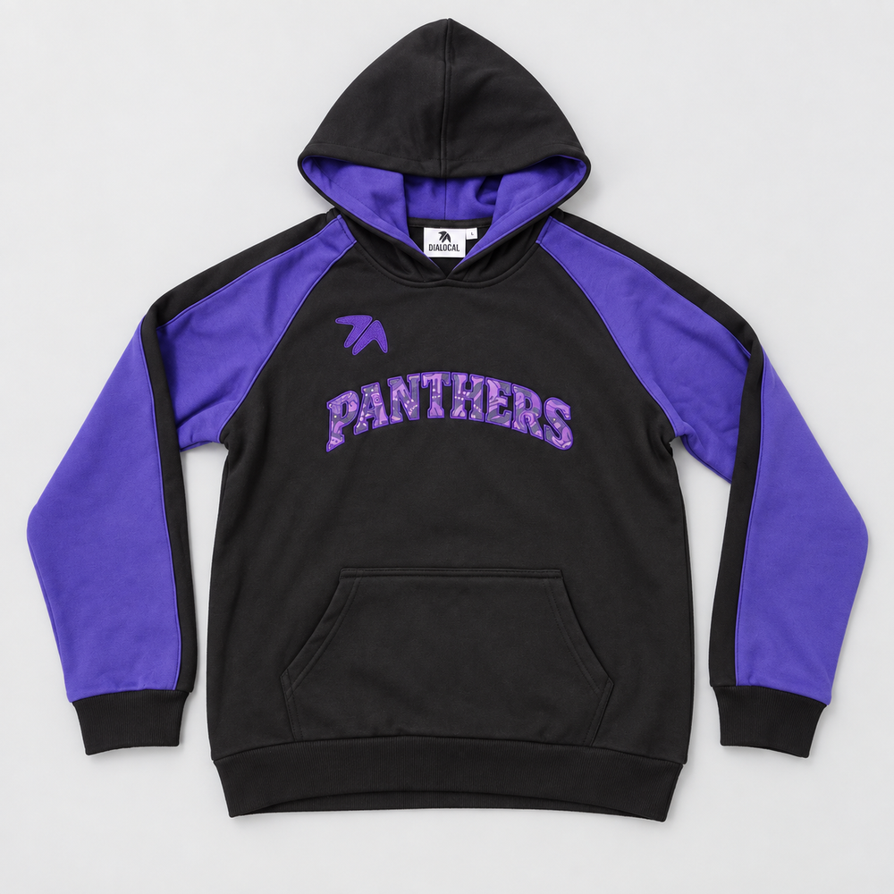 Studio flat lay of the black and purple Ballajura Panthers hoodie with patterned embroidered PANTHERS lettering