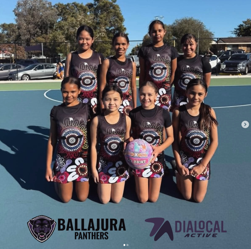 Ballajura Panthers junior netball team wearing their Dialocal Active club dresses on court