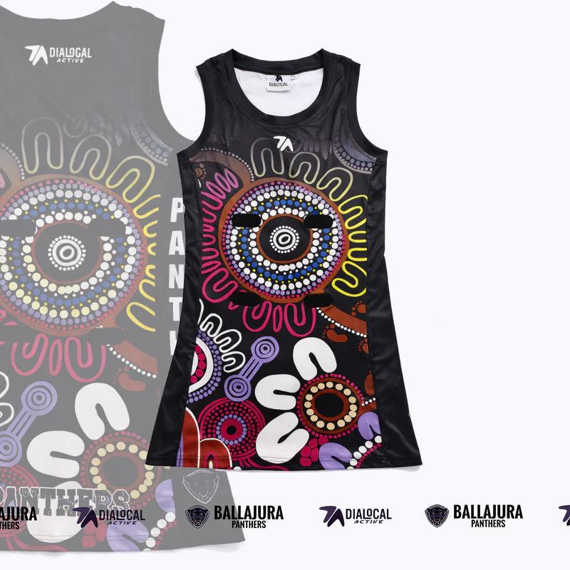 Ballajura Panthers netball dress with colourful club artwork