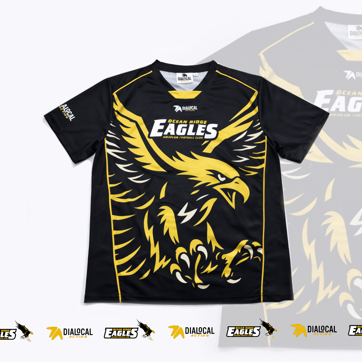 Ocean Ridge bespoke training shirt with black and gold eagle artwork