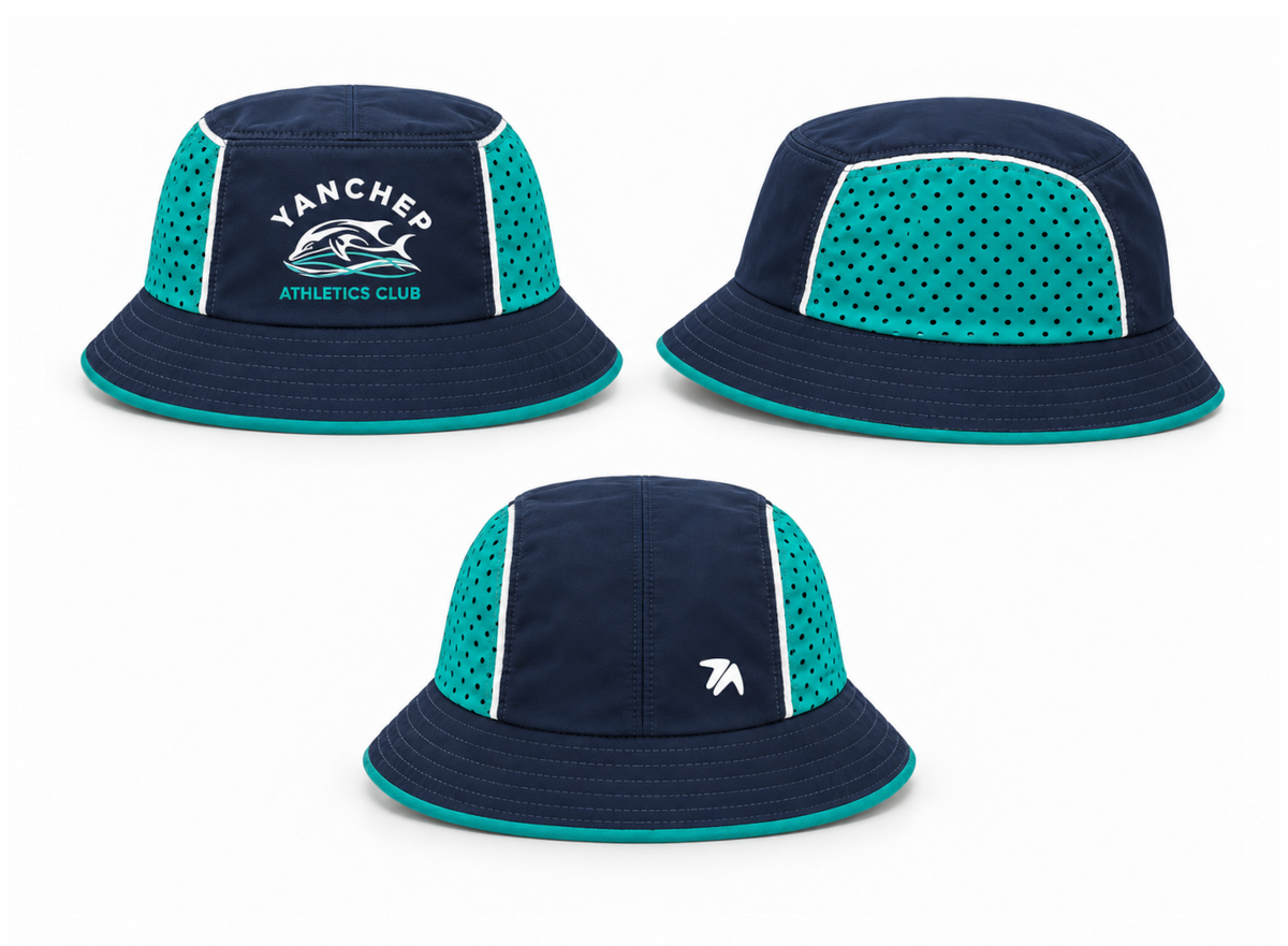 Yanchep Athletics Club Bucket Hat mockup — navy, aqua and white