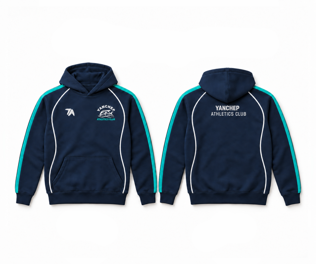 Yanchep Athletics Club Hoodie mockup — navy, aqua and white
