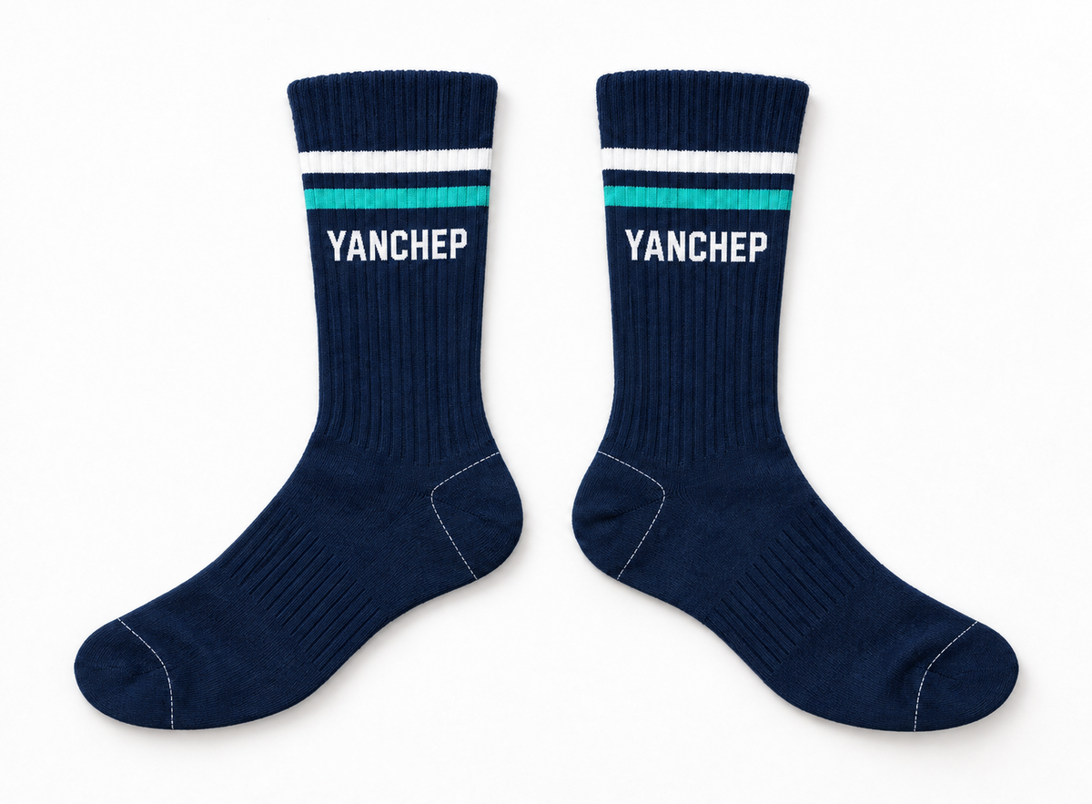 Yanchep Athletics Club Long Socks mockup — navy, aqua and white