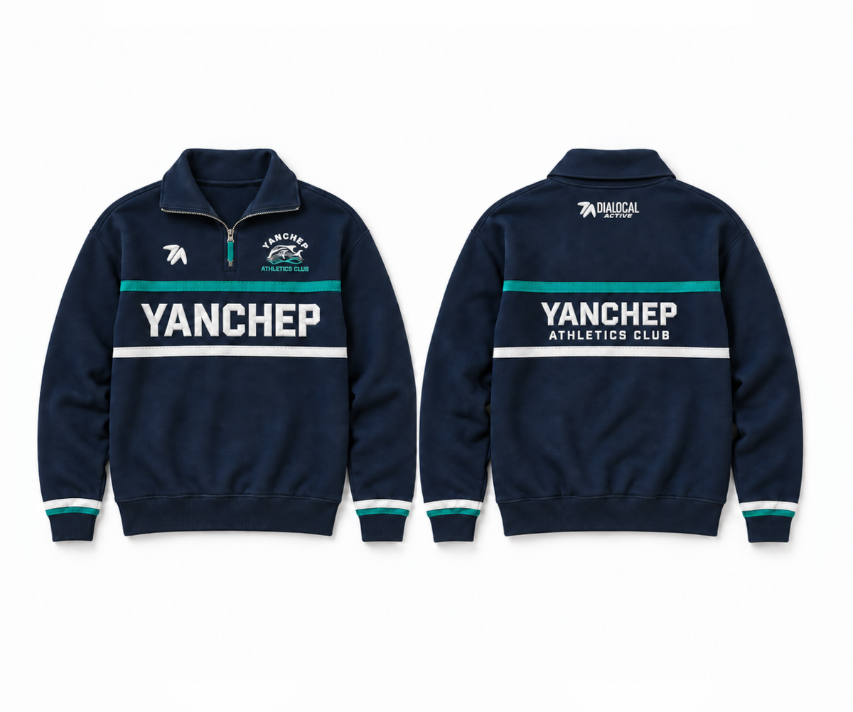Yanchep Athletics Club Quarter Zip mockup — navy, aqua and white