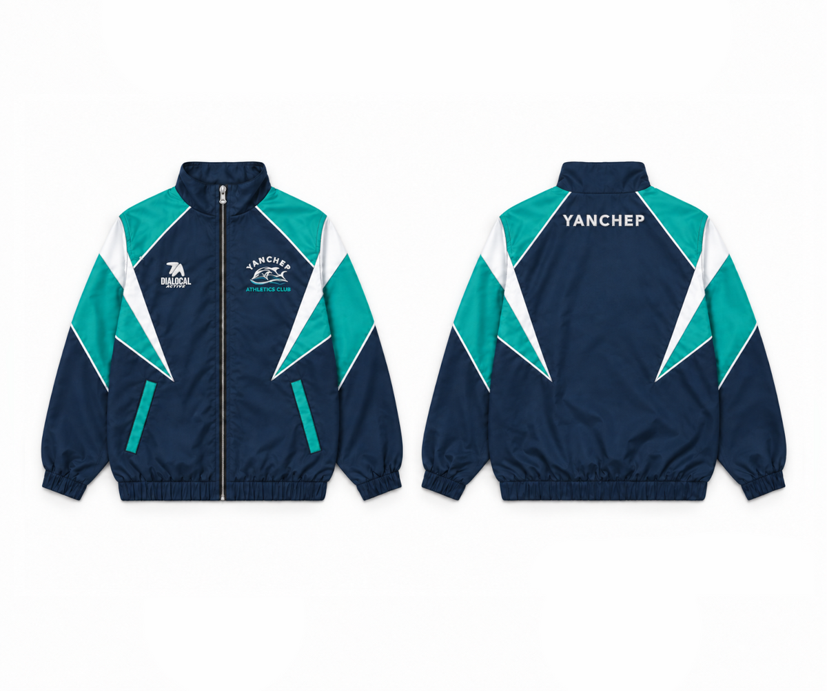 Yanchep Athletics Club Retro Windbreaker mockup — navy, aqua and white