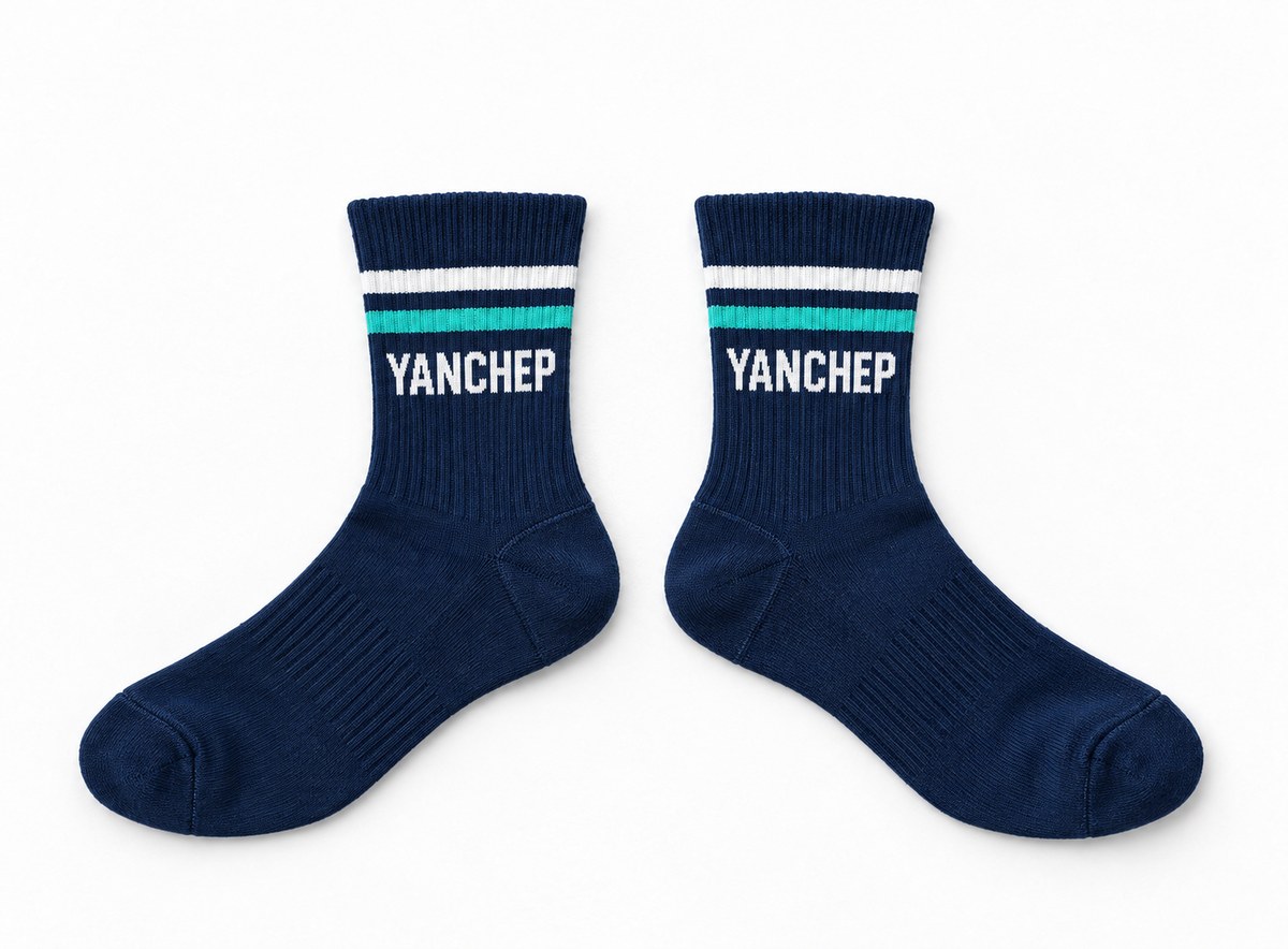 Yanchep Athletics Club Short Crew Socks mockup — navy, aqua and white