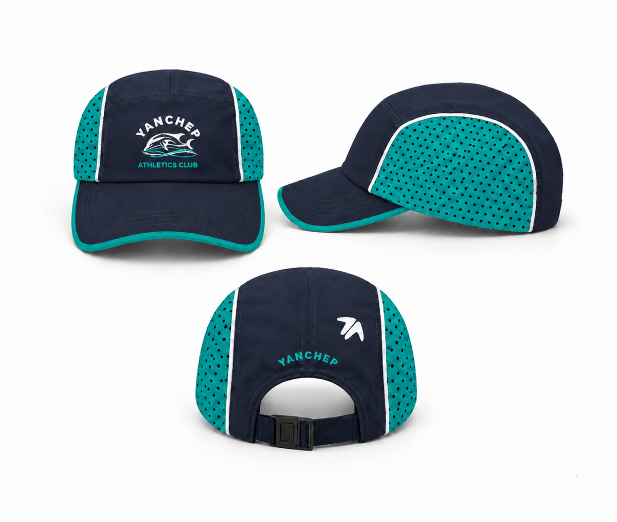 Yanchep Athletics Club Training Cap mockup — navy, aqua and white