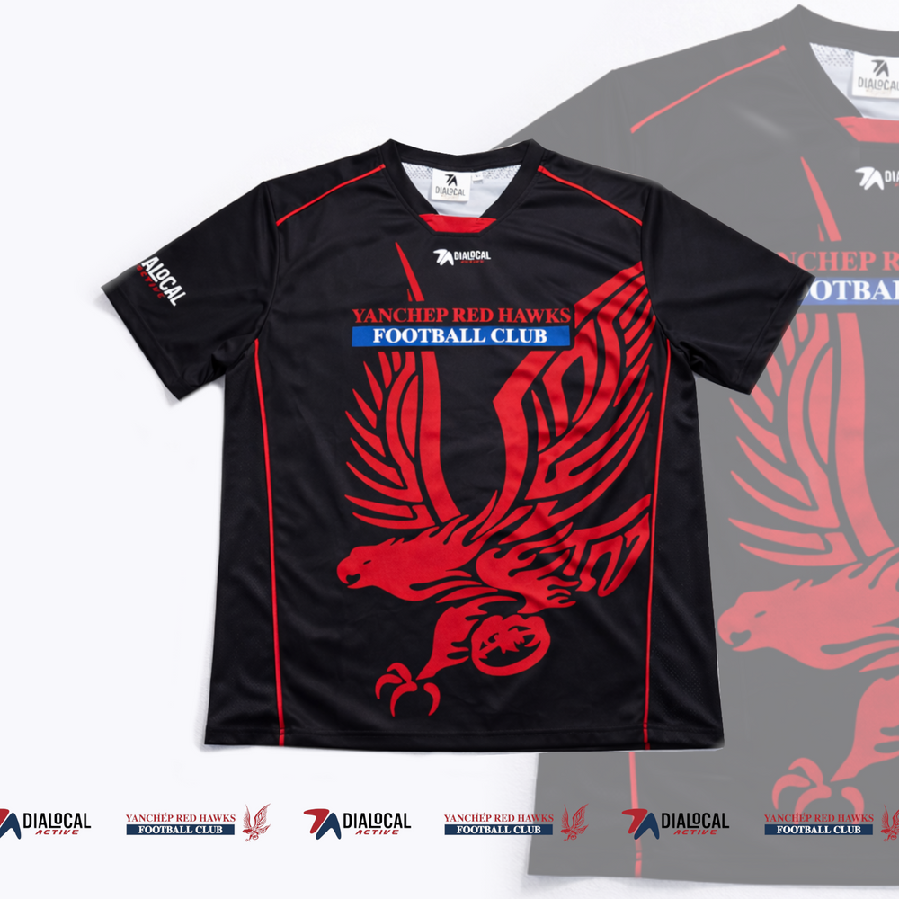 Yanchep Red Hawks training shirt with bold hawk artwork
